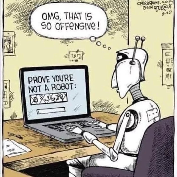 Computer screen with CAPTCHA test and robot character looking confused