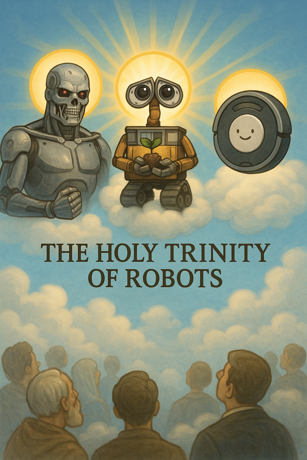 The terminator, Wall-E, and a roomba floating as gods or angels in a cloud as people look up in awe at them. They are the holy trinity.