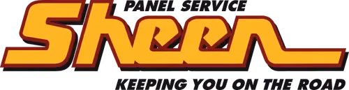 Sheen Panel Service logo with yellow and red text, automotive service tagline