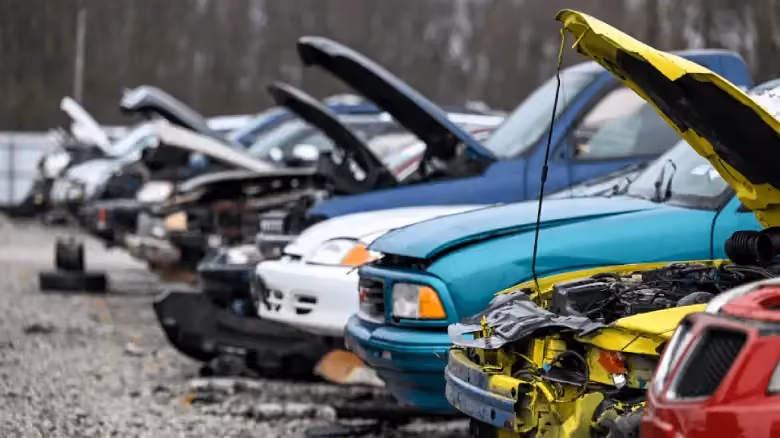Row of scrap cars in Adelaide scrapyard, showing damaged vehicles ready for recycling and valuation.