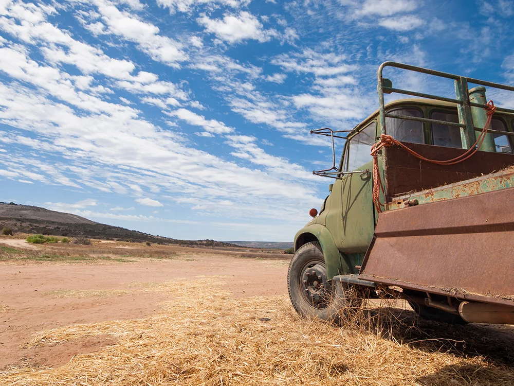 Green truck on a field