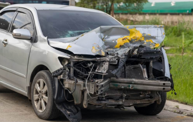  A car that’s had its engine block completely smashed in an accident.