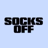 Bold black text saying "SOCKS OFF" against a light blue background