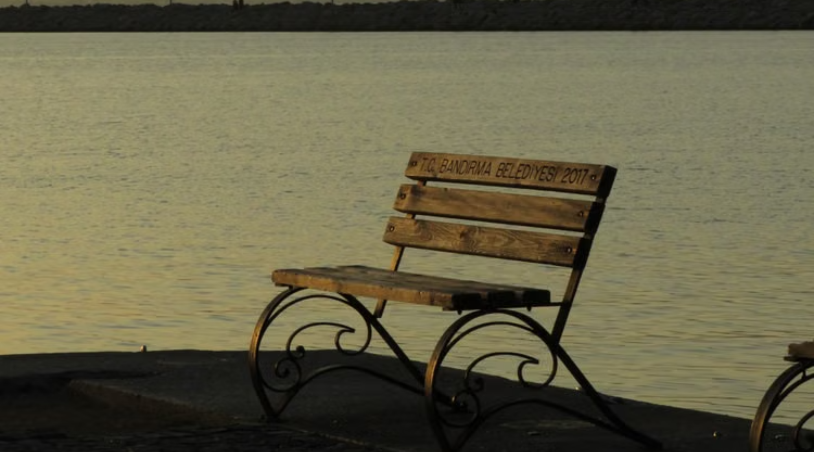 Serene setting of a wooden bench overlooking a calm bay at twilight, capturing a peaceful moment.