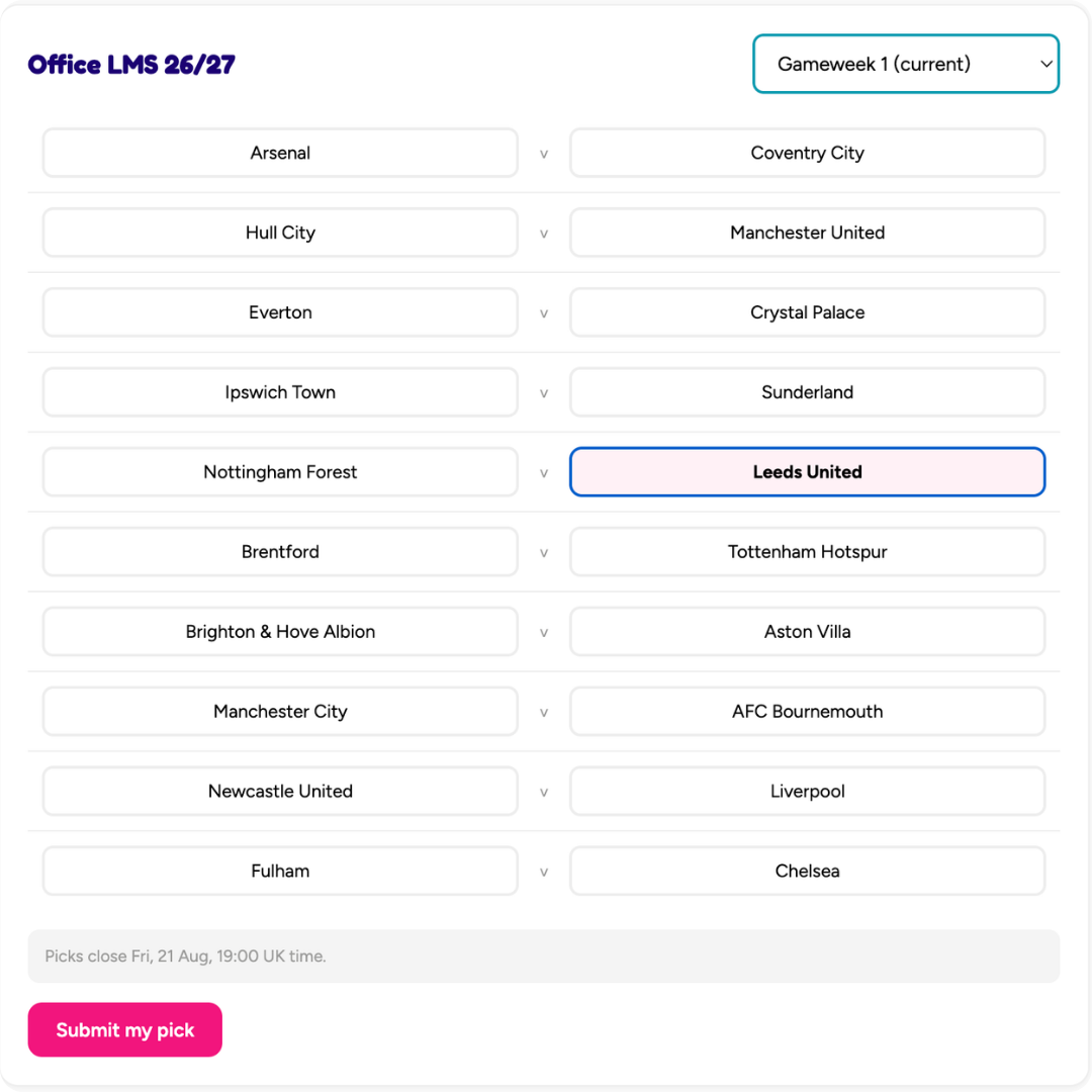 Screenshot of the last man standing game showing all the premier league teams the user can choose from for game week 1.