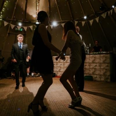 Work colleagues dancing