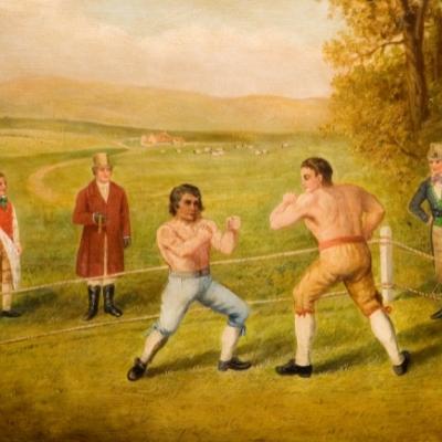 An old painting of two men fighting