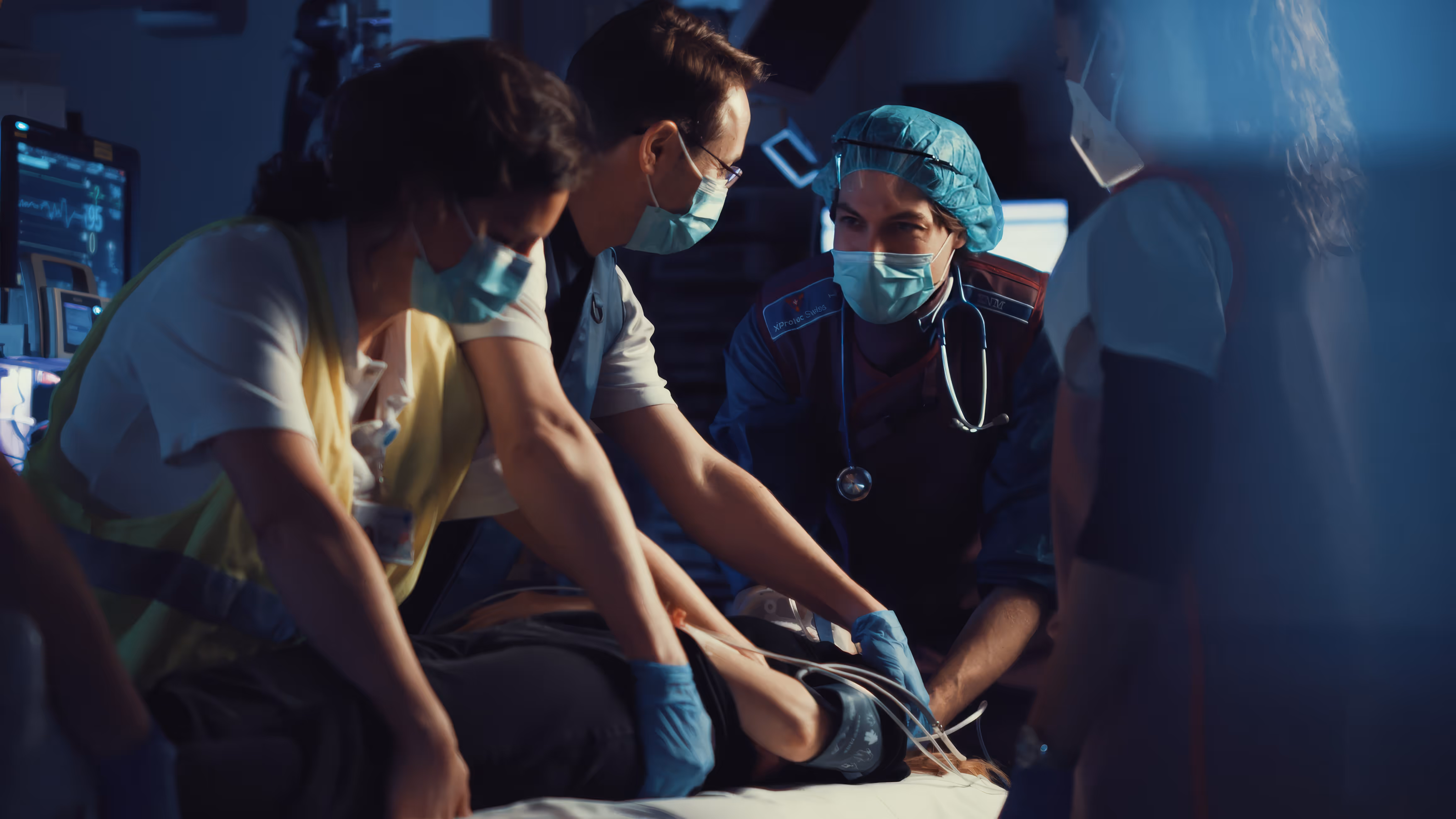 Medizinisches Team versorgt bewusstlosen Patienten in einem Notfallraum mit Überwachungsgeräten.