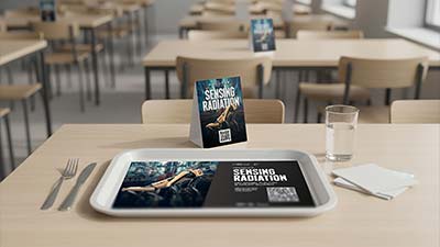 Ein Tablett auf einem Tisch mit einem digitalen Bildschirm, auf dem „Strahlung messen“ angezeigt wird, sowie ein Glas Wasser; im Hintergrund ist ein kleines Schild mit demselben Text zu sehen.