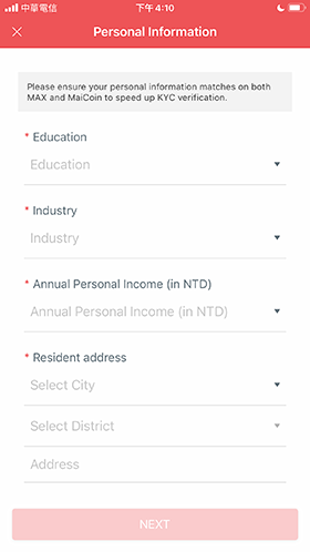 Maicoin personal info setup 2