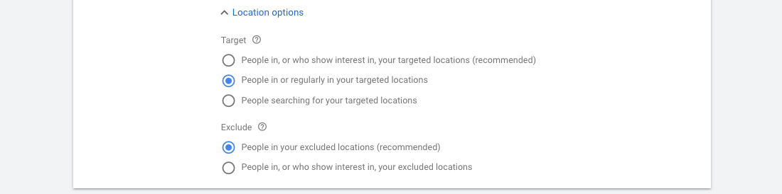 Google Ads - Target / Exclude settings