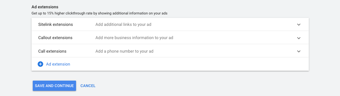 Google Ads - Ad extensions options