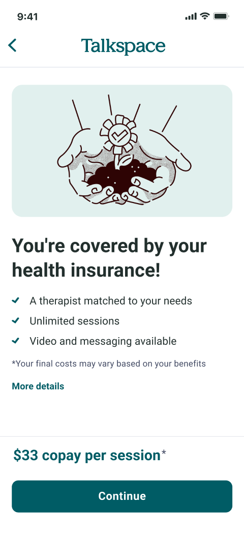 "You're covered" screen in Talkspace app experience
