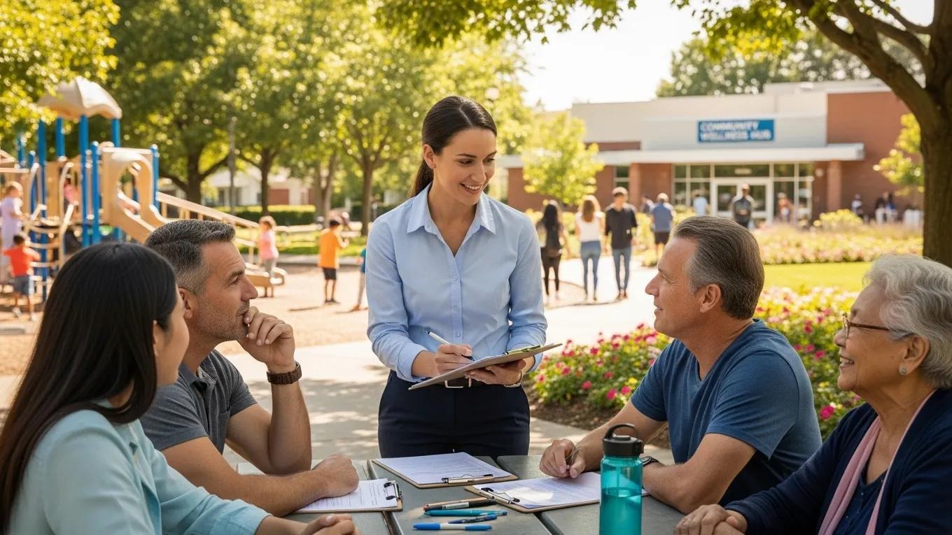 Mental health professional conducting a community needs assessment with local residents