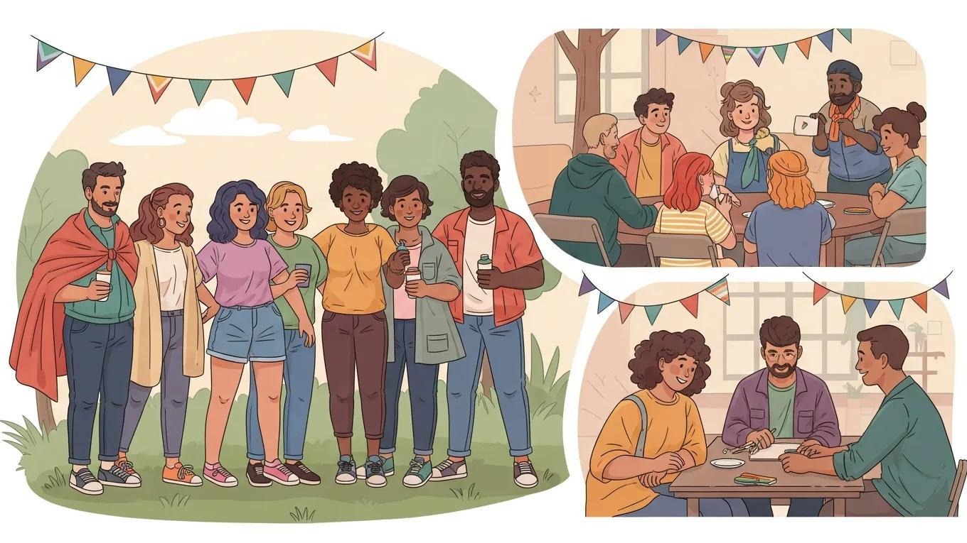 Diverse LGBTQ+ individuals enjoying a community-building activity, fostering inclusivity and connection