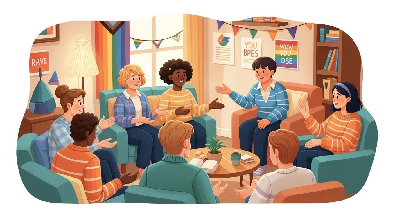 Diverse LGBTQ+ individuals in a supportive discussion, symbolizing community and mental health resources