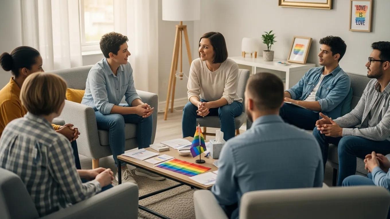 Facilitator leading an inclusive LGBTQ+ support group session, promoting open communication and respect