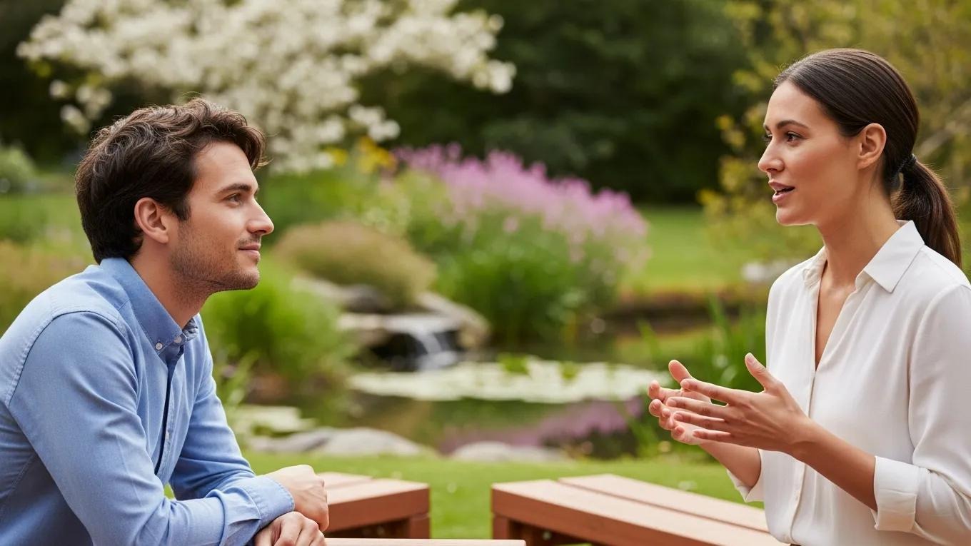 Two individuals engaged in a calm conversation outdoors, illustrating effective conflict resolution strategies