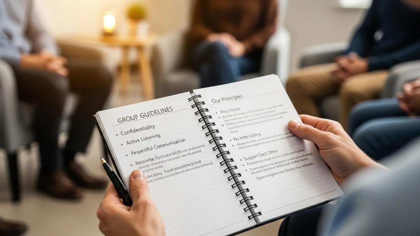 Close-up of hands holding a notebook with support group guidelines, emphasizing clear communication and respect
