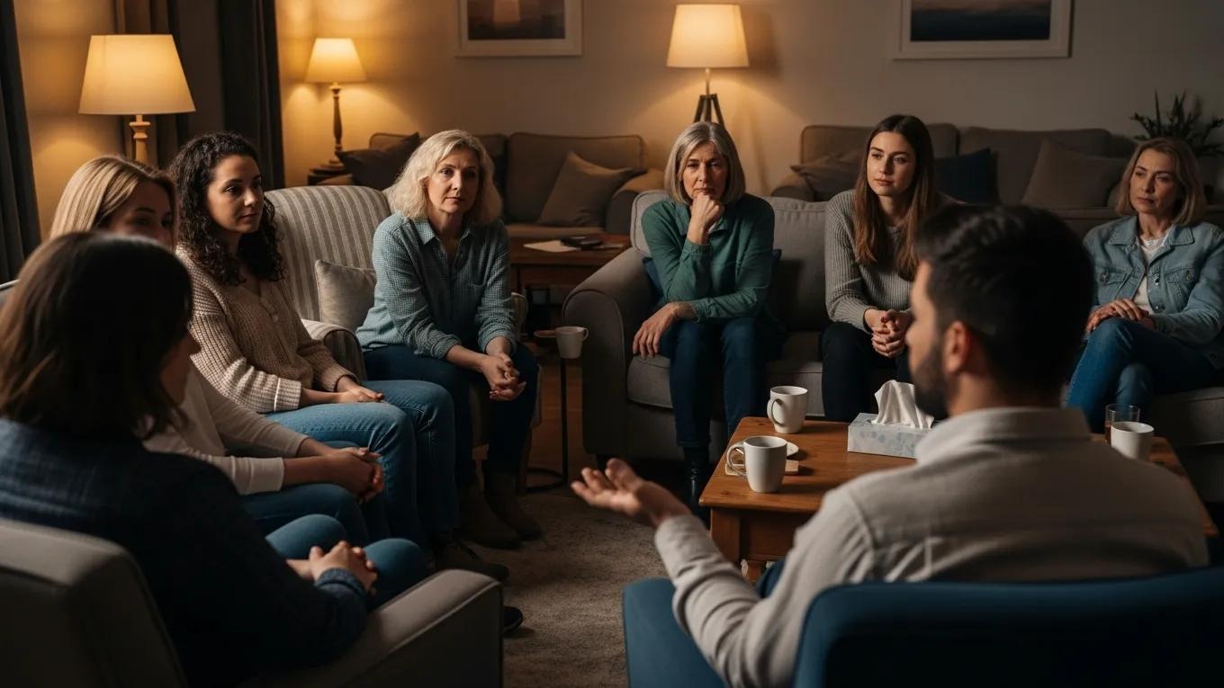 Diverse group of people in a cozy support group setting, fostering a safe and respectful environment