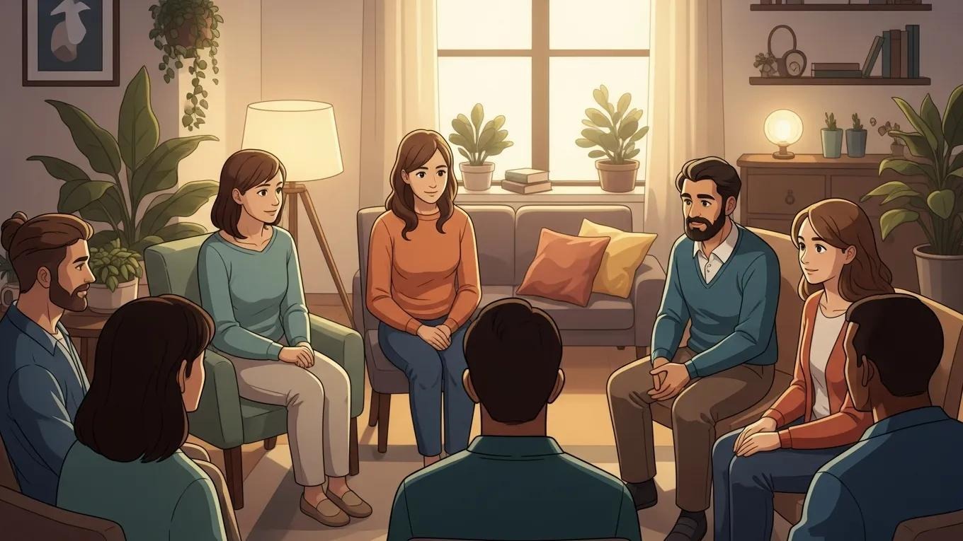 Diverse group engaged in supportive discussion in a cozy room, emphasizing peer support for depression