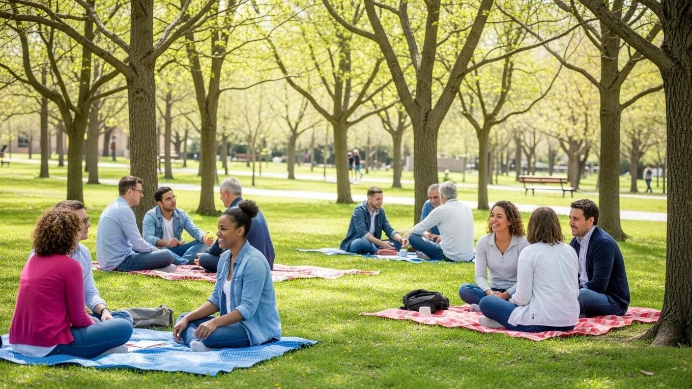 Community gathering in a park, highlighting sharing and support among individuals