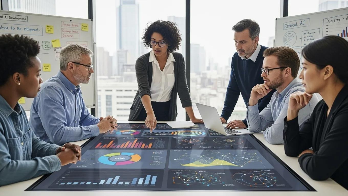 Diverse mental health professionals collaborating on AI data analysis to ensure fairness