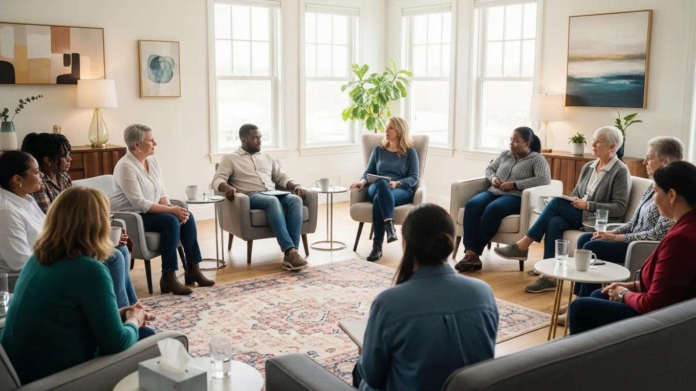 Diverse individuals in a warm mental health assessment setting, emphasizing trust and collaboration