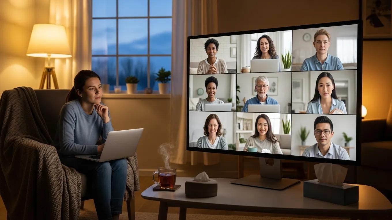 Diverse individuals engaged in an online grief support session, showcasing warmth and empathy