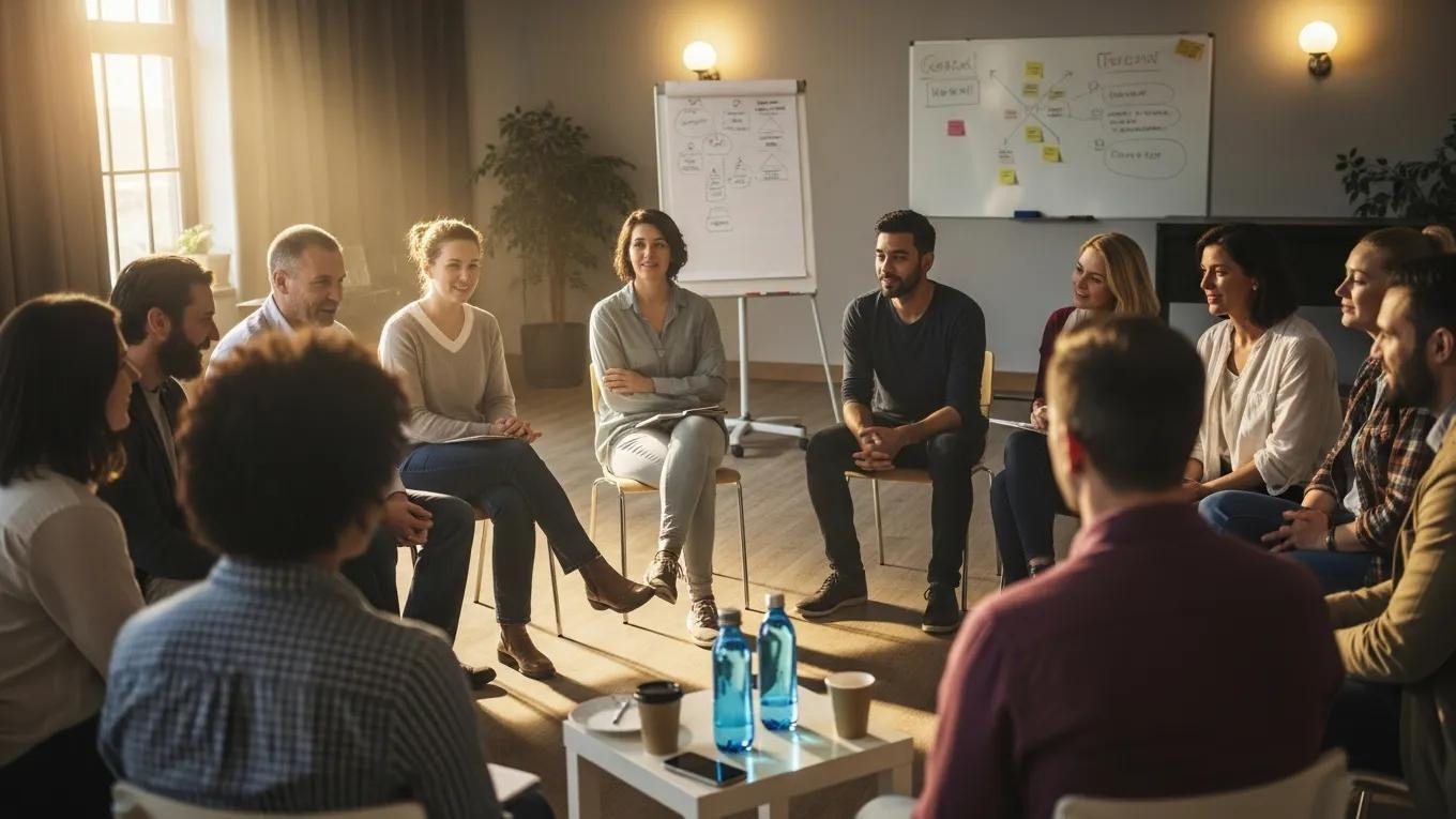 Support group meeting for individuals recovering from divorce, fostering connection and empathy