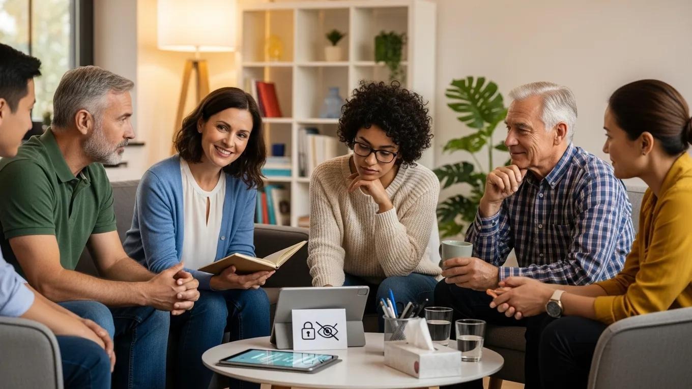 Diverse support group discussing HIPAA compliance and privacy in a secure environment