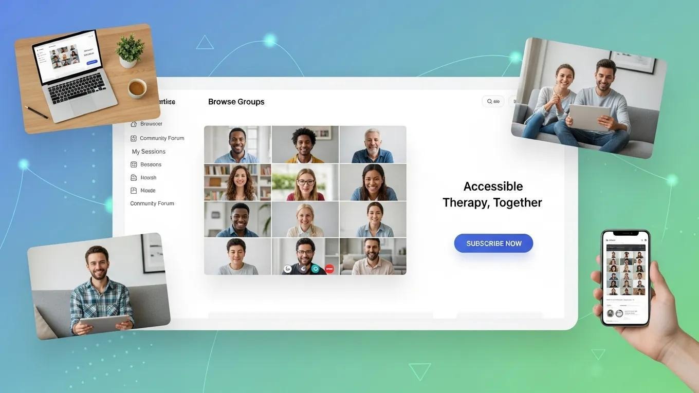 Digital platform showcasing diverse individuals accessing group therapy subscriptions