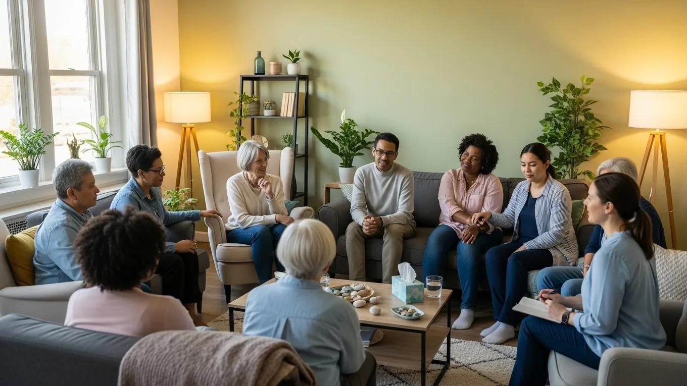 Diverse group participating in a supportive group therapy session