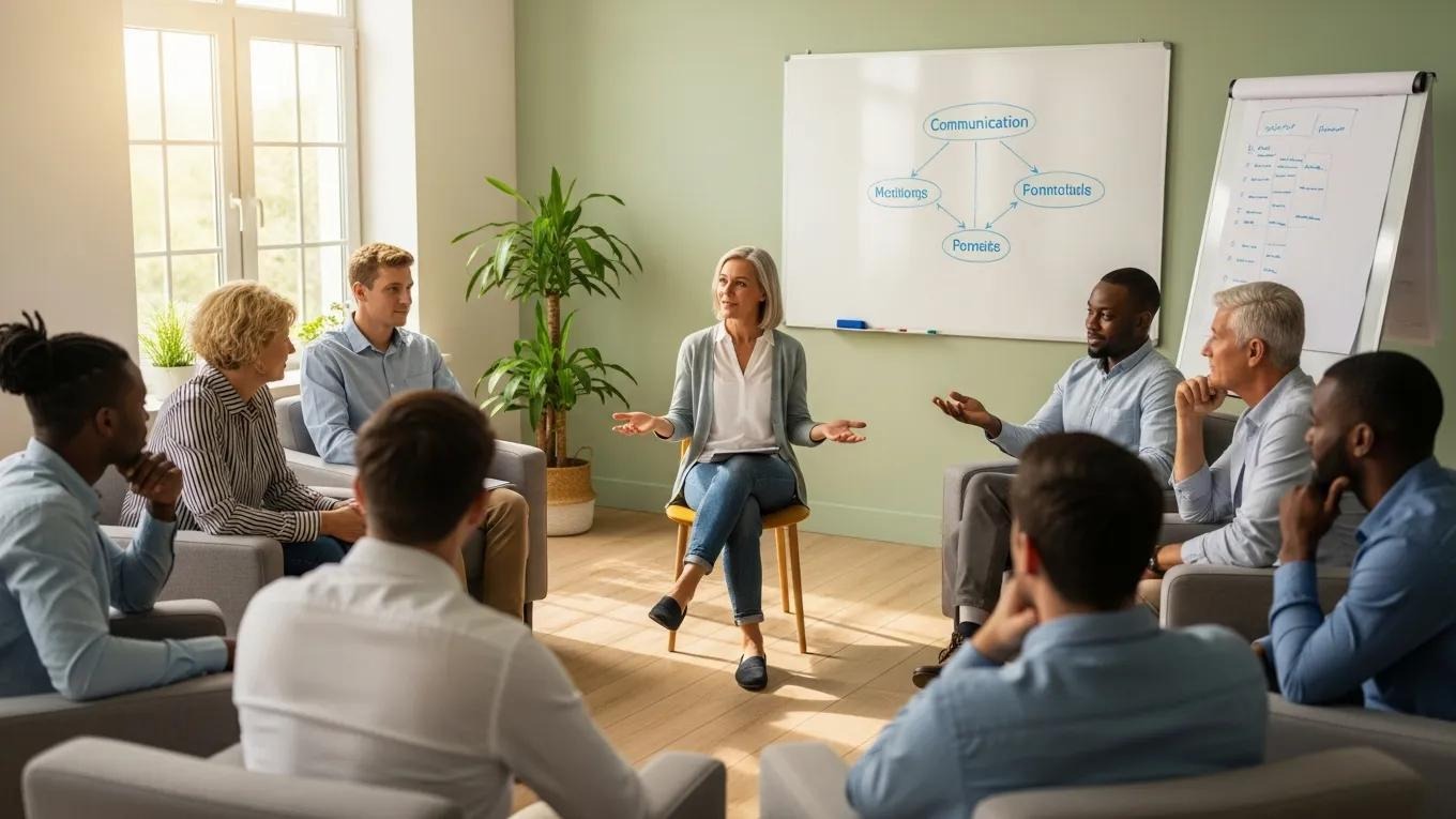 Therapist leading an interactive group therapy session with engaged participants