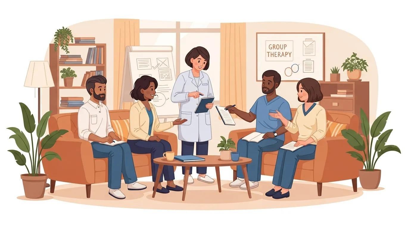 Group of mental health professionals discussing group therapy effectiveness in a cozy office setting