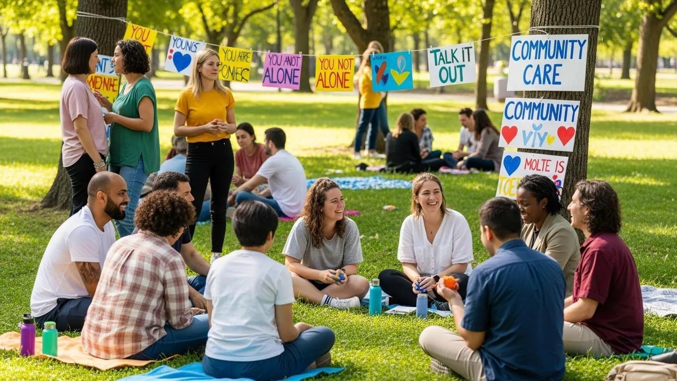 Community members participating in an outdoor group therapy session promoting mental health awareness