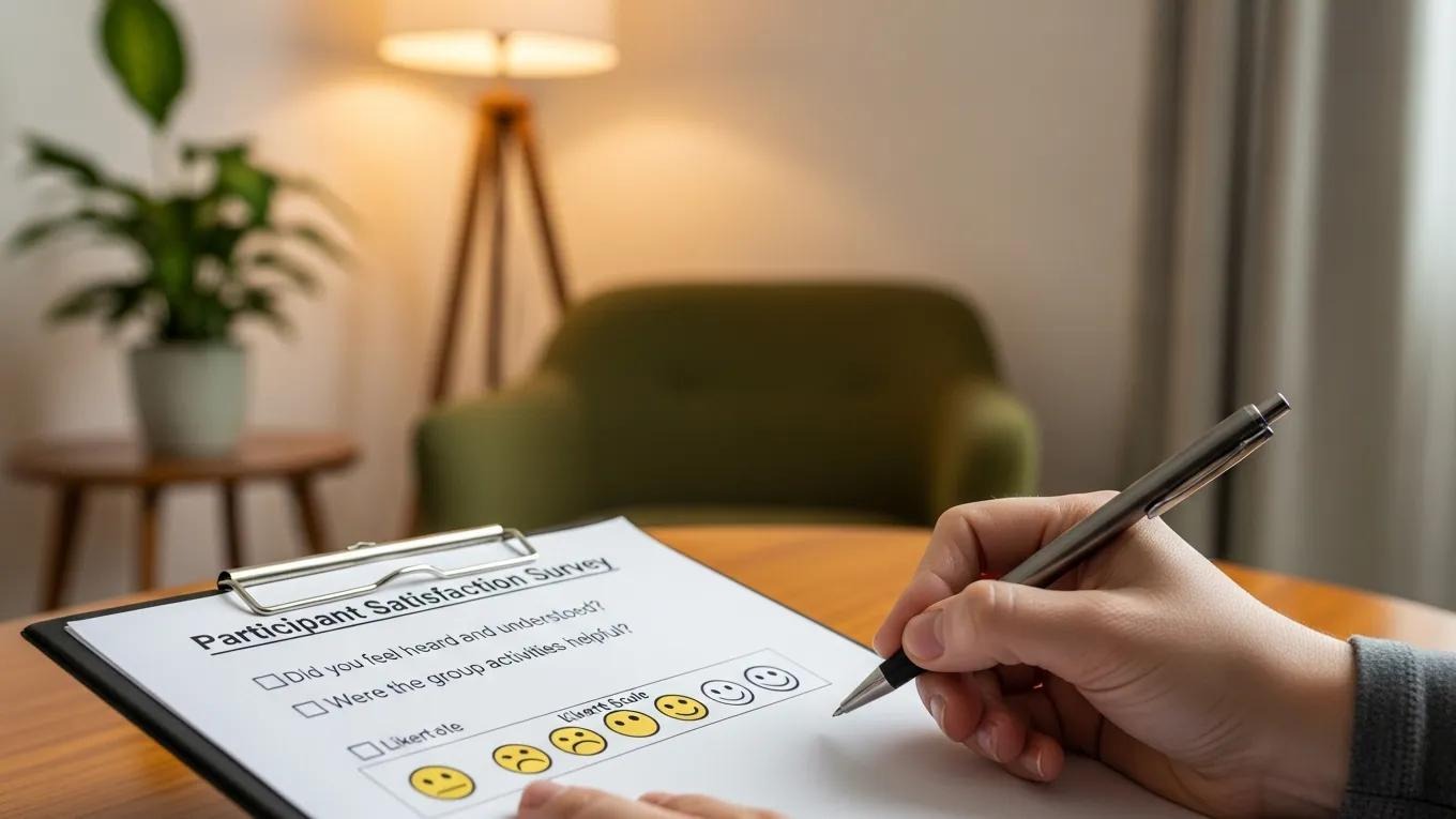 Participant satisfaction survey being filled out in a cozy therapy room