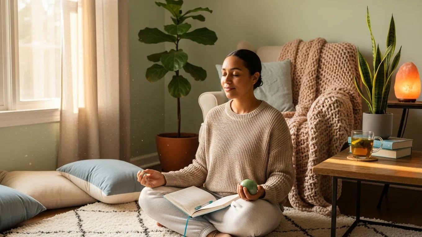 Cozy living room scene illustrating self-care and emotional support for chronic illness