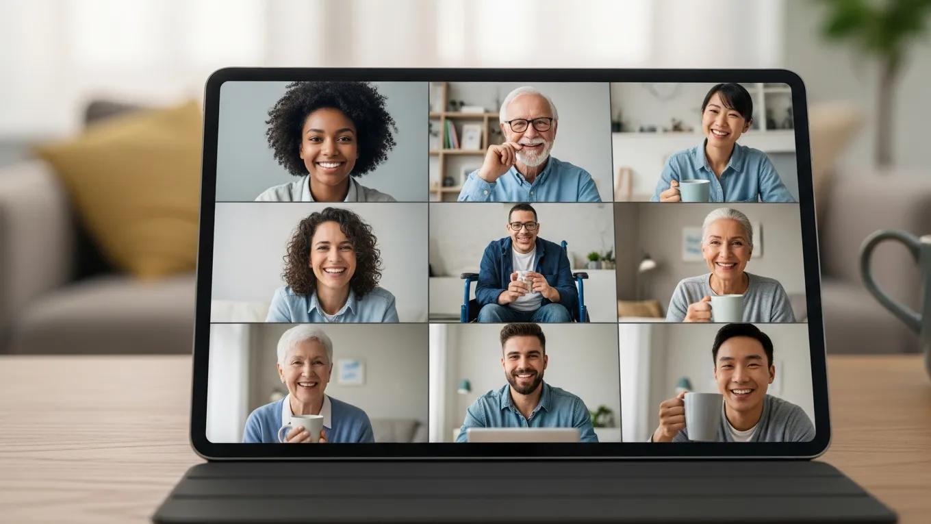 Diverse individuals engaging in an online support group, showcasing community and emotional support