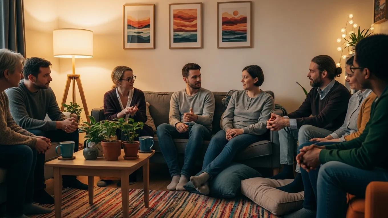 Support group members engaging in a warm discussion, highlighting community and connection