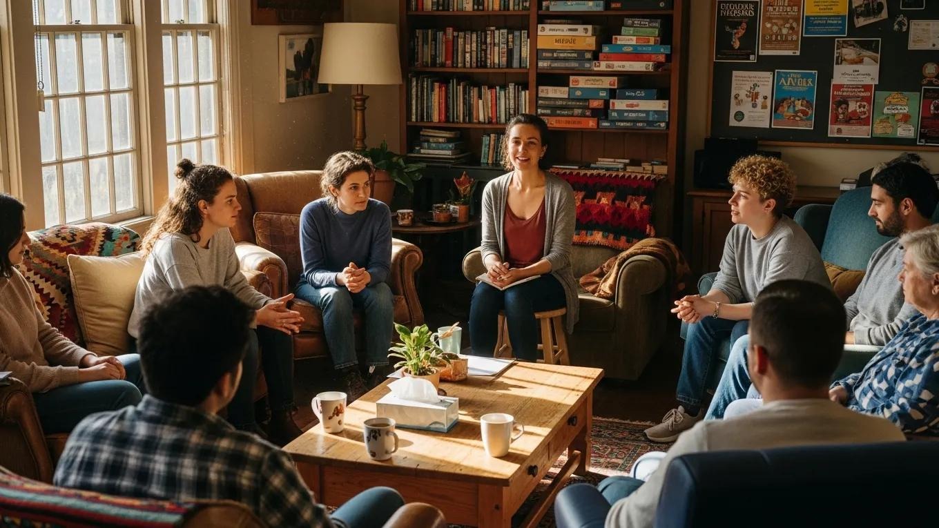 Support group session in a cozy community center with diverse participants engaged in discussion