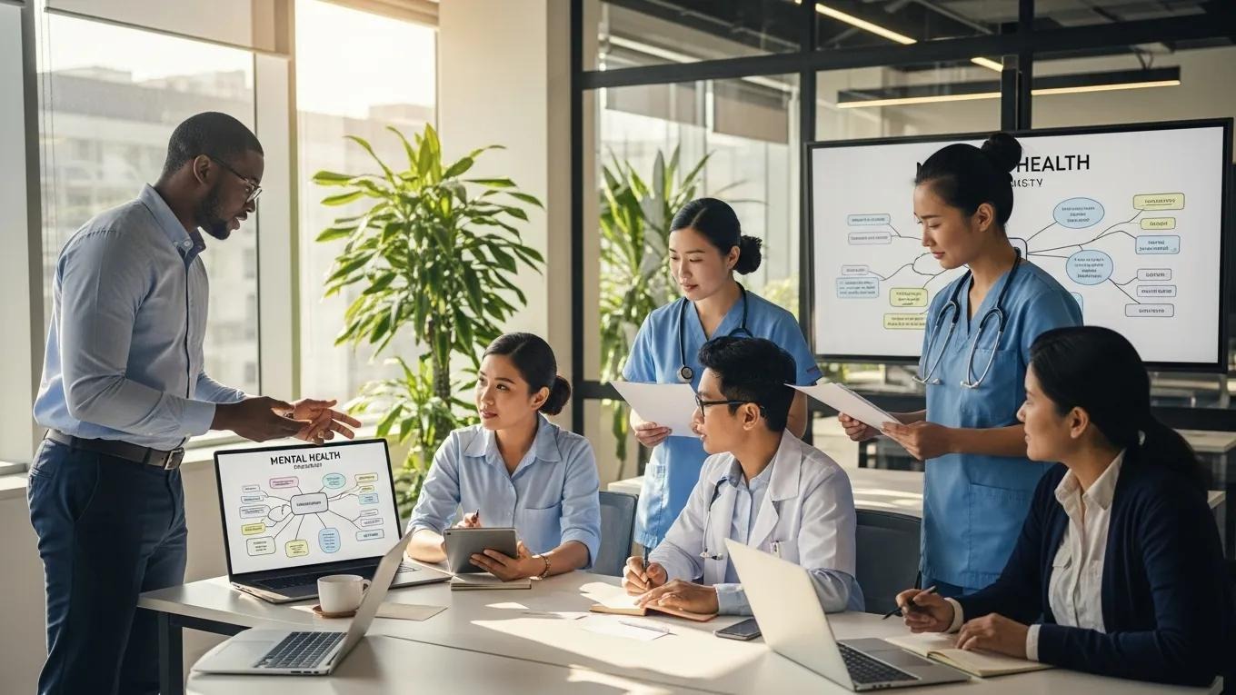 Diverse healthcare professionals collaborating on mental health strategies in a modern office