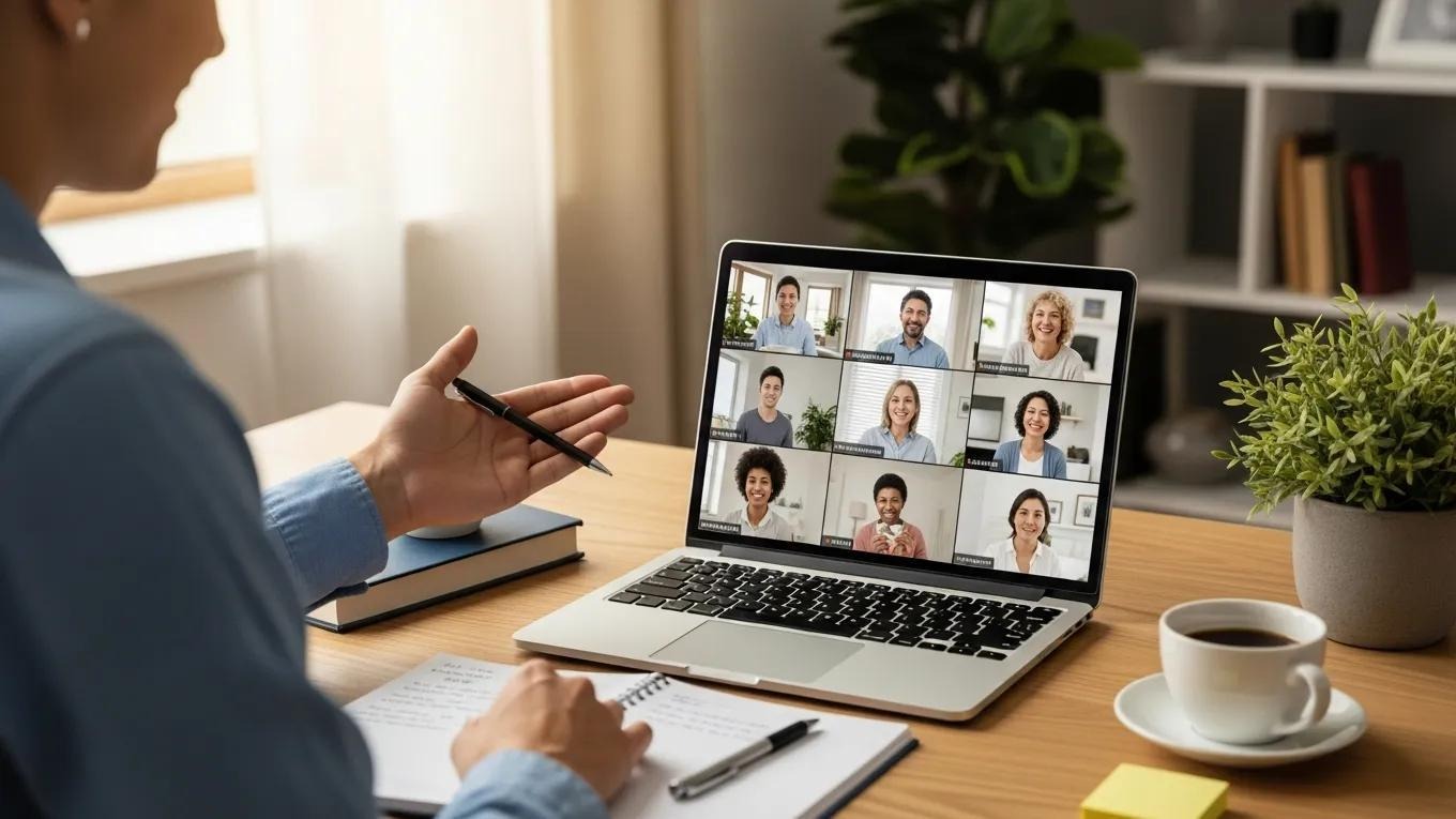 Facilitator managing a virtual support group session using a laptop in a well-organized workspace