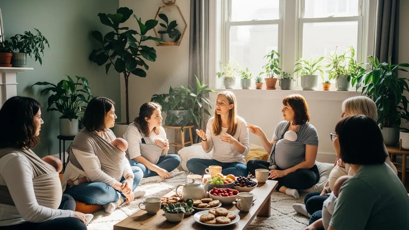 Diverse group of new mothers in a supportive discussion, emphasizing perinatal mental health
