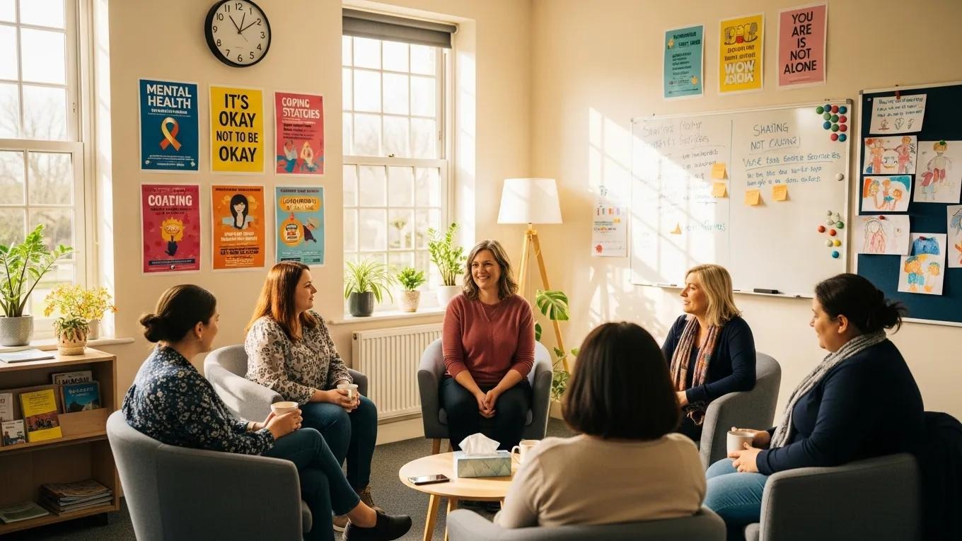 Mothers participating in a support group at a community center, highlighting local resources for mental health