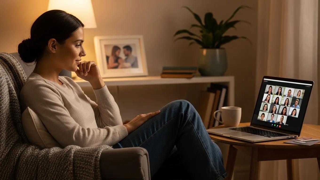 New mother engaging in an online support group from home, showcasing online resources for mental health