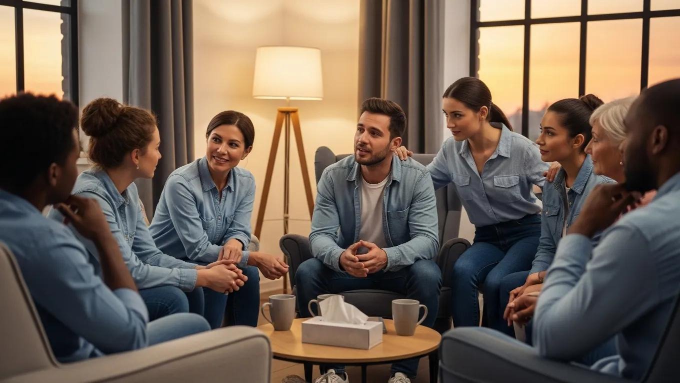 Support group members engaged in a constructive discussion, highlighting effective conflict resolution techniques