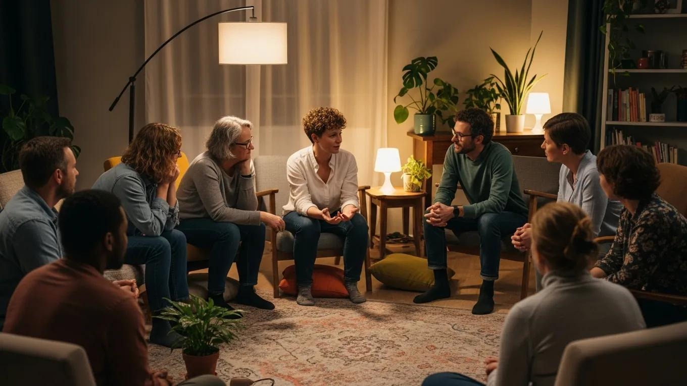 Diverse individuals in a supportive discussion circle for anxiety support