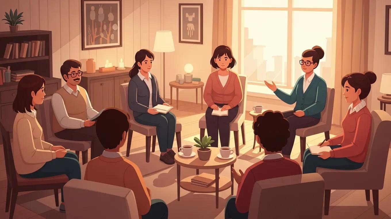 Diverse individuals in a cozy support group setting, fostering a sense of community and emotional support