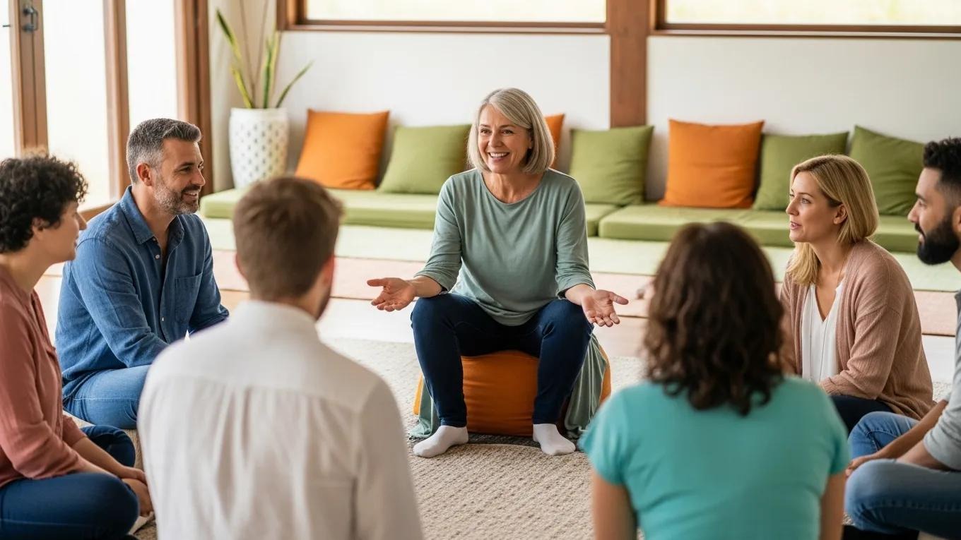 Facilitator leading a support group session in a serene environment, promoting a safe space for sharing